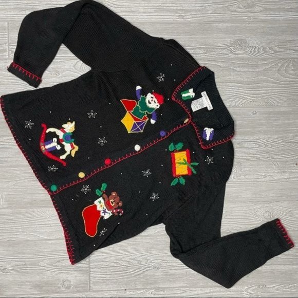 Vintage Victoria jones beaded and sequin Christmas sweater with terrified teddy - Picture 2 of 6